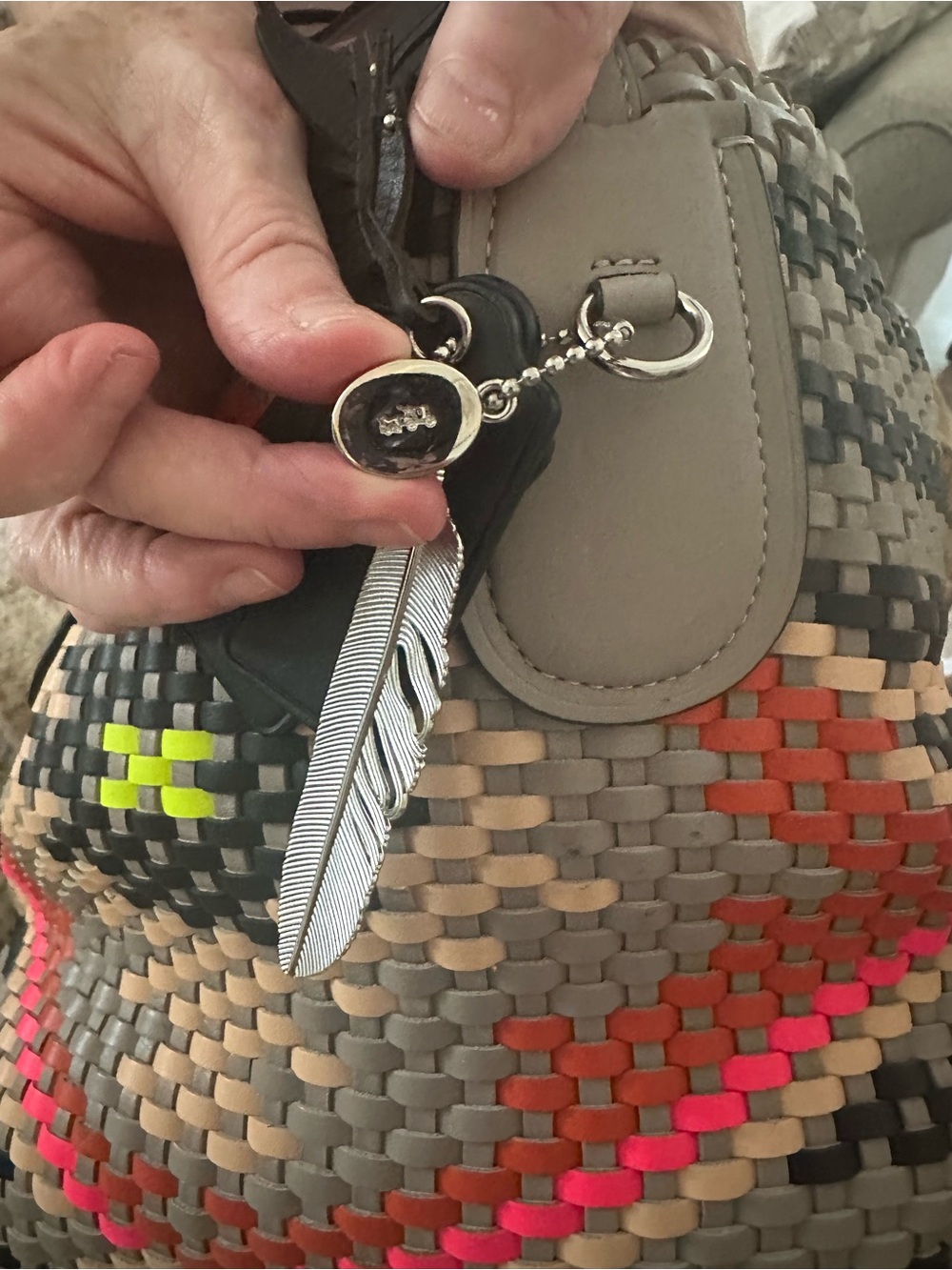 Coach Woven Leather Tote - Brown with Neon Yellow & Red Accents - Picture 16 of 16